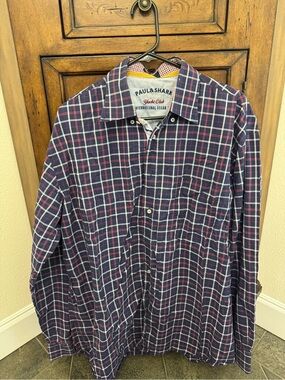Paul & Shark Navy Plaid Button-Down Shirt with Red and White Accents Size 45.